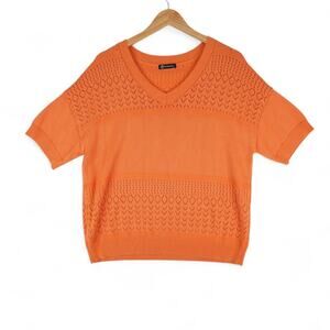 PrettyGarden Sweater Womens XL Orange Knit Short Sleeve V Neck Cottagecore‎